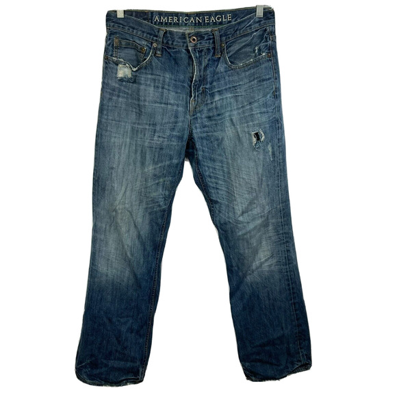 American Eagle Jeans Mens Sz 33‎ Blue Bootcut Distressed Ripped Cotton Denim - Picture 1 of 13